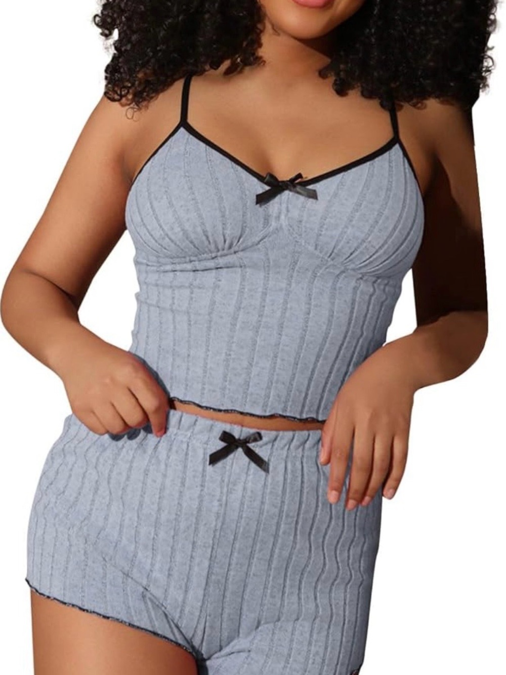 SHEIN Soft Ribbed Greyish Green Cami & Shorts Sleep Set